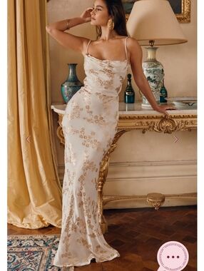 House of CB Capriana White & Gold Jacquard Satin Gown Dress Sz S